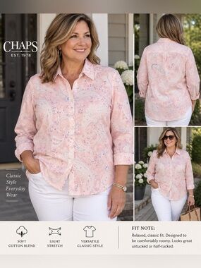 Chaps XXL Pink Paisley Button Down Shirt No Iron  Cotton Long Sleeve Preppy